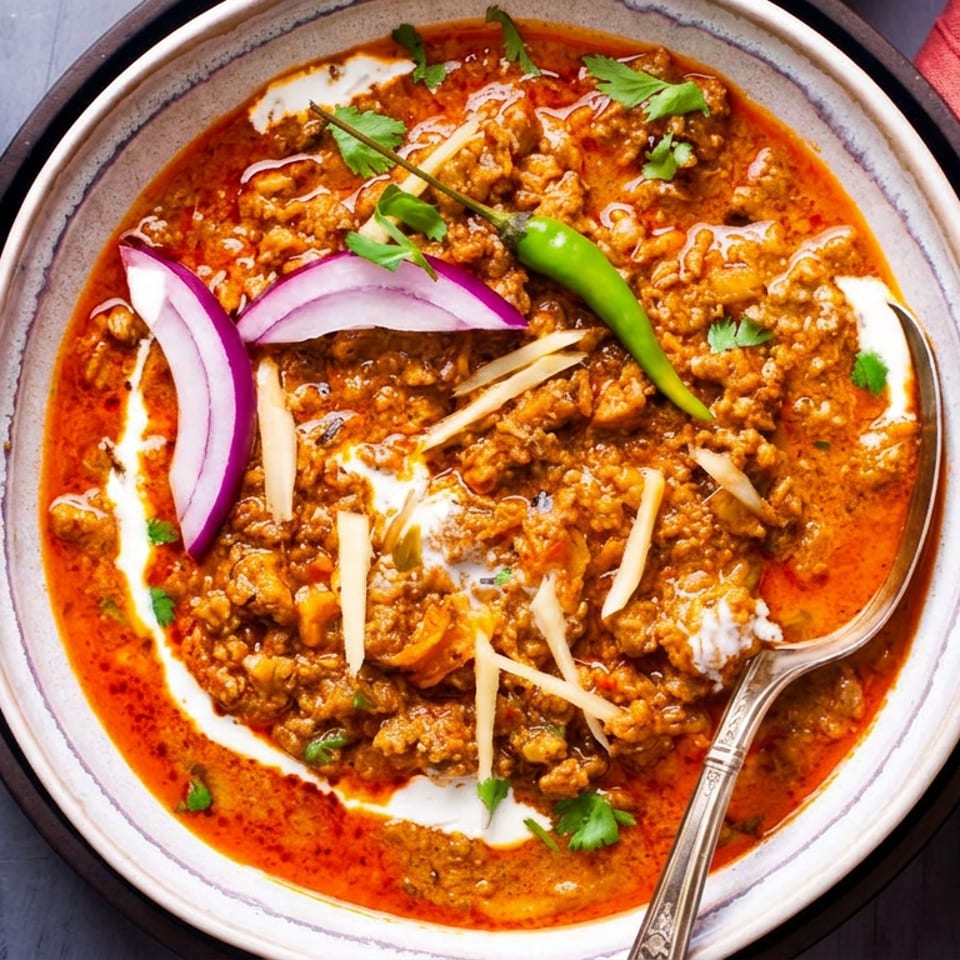 Keema curry with red onions, green chili, ginger, and naan bread on a dark table.