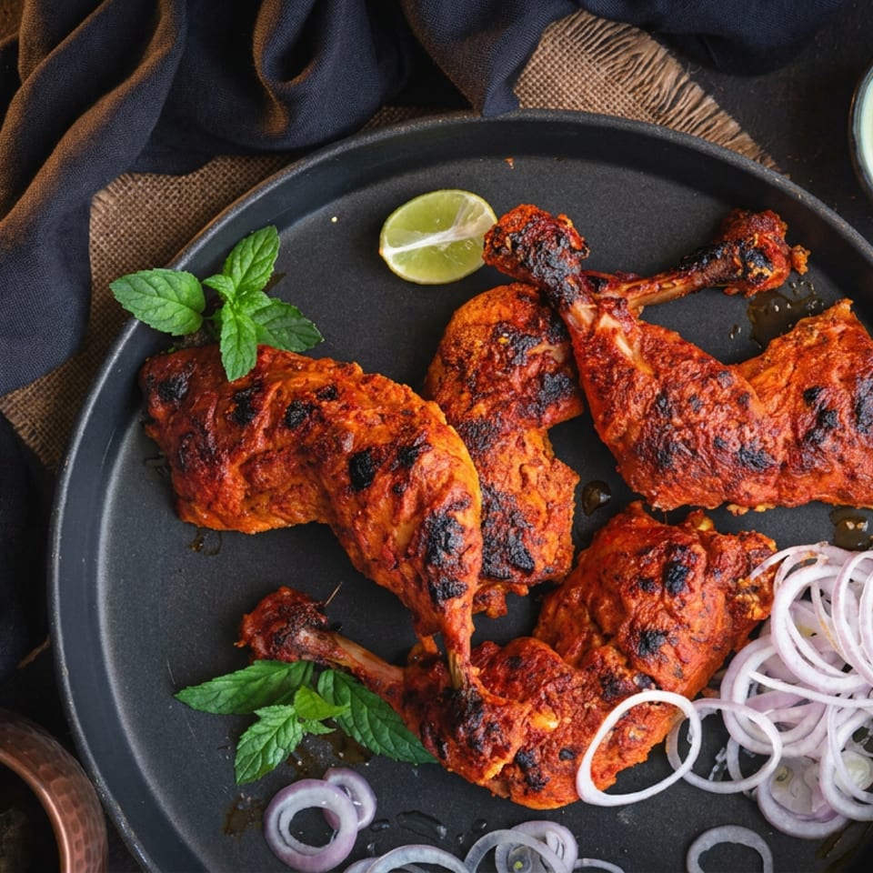 Tandoori chicken drumsticks and thighs on a black plate with mint, lime, and onion rings.