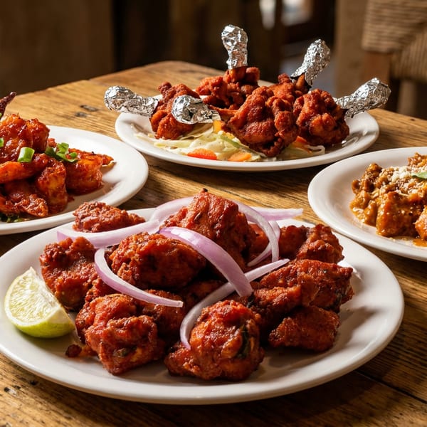 Four plates of vibrant Indian dishes, including chicken lollipops, on a rustic wooden table.