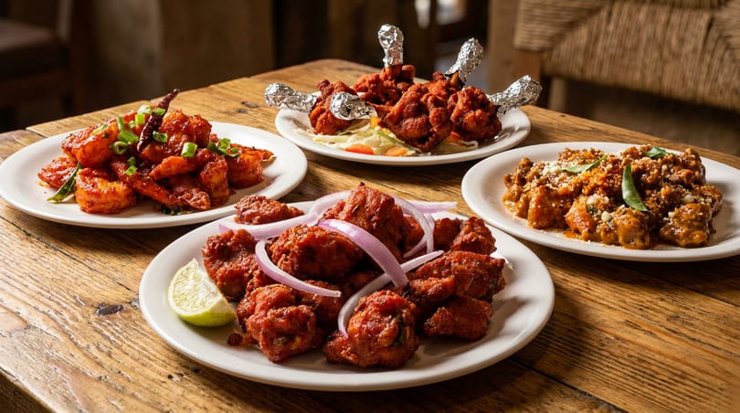 Four plates of vibrant Indian dishes, including chicken lollipops, on a rustic wooden table.